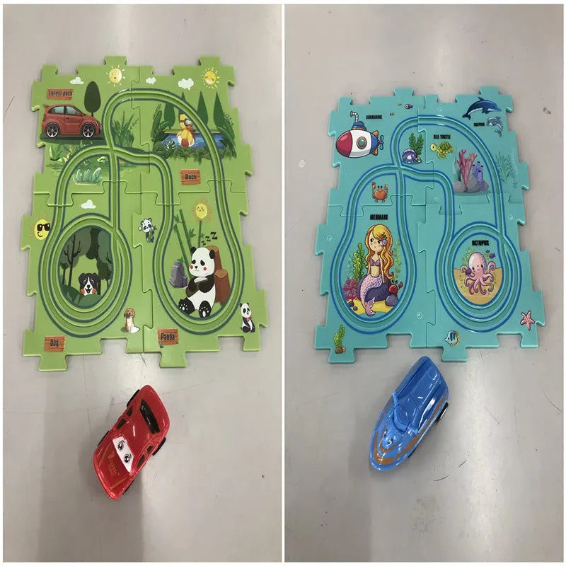 Children puzzle electric railroad speeder DIY assembly track set with automatic car and plastic pieces in multiple themes