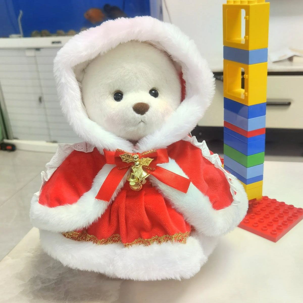 30cm Momo bear plush doll wearing a red plaid dress Christmas costume set with cloak