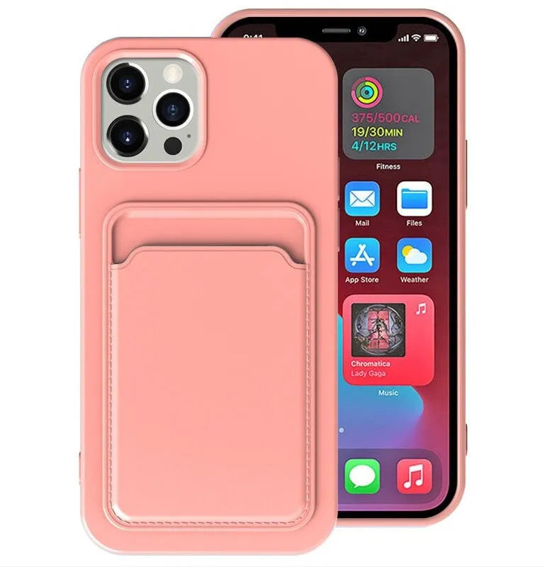 Candy colour iPhone case with card holder in solid colours, silicone TPU back cover for iPhone 6 to 12 Pro Max