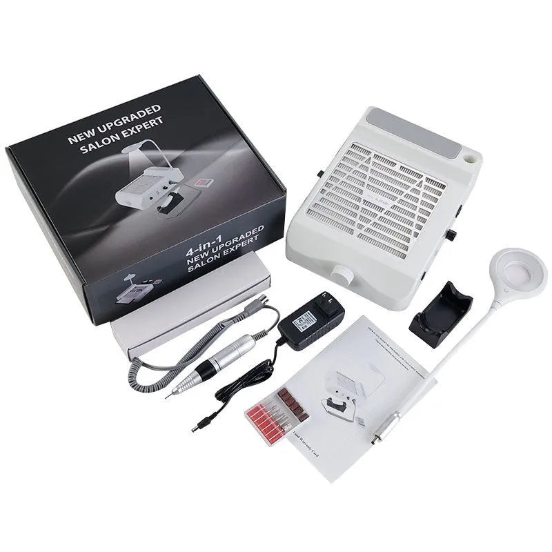 White multifunctional nail polishing machine with vacuum cleaner, shown with US or EU power adapter