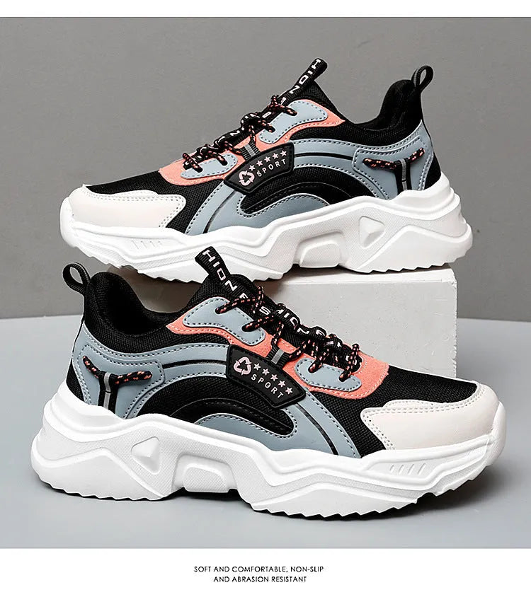 White women's casual sports shoes with mesh upper, buckle closure, and thick PU sole