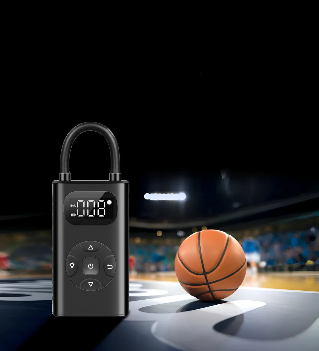 Black M09X portable tyre inflator power bank with aviation aluminium casing and a 16cm hose.