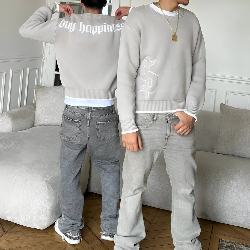 Grey jacquard patterned loose-fitting knitwear coat with long sleeves