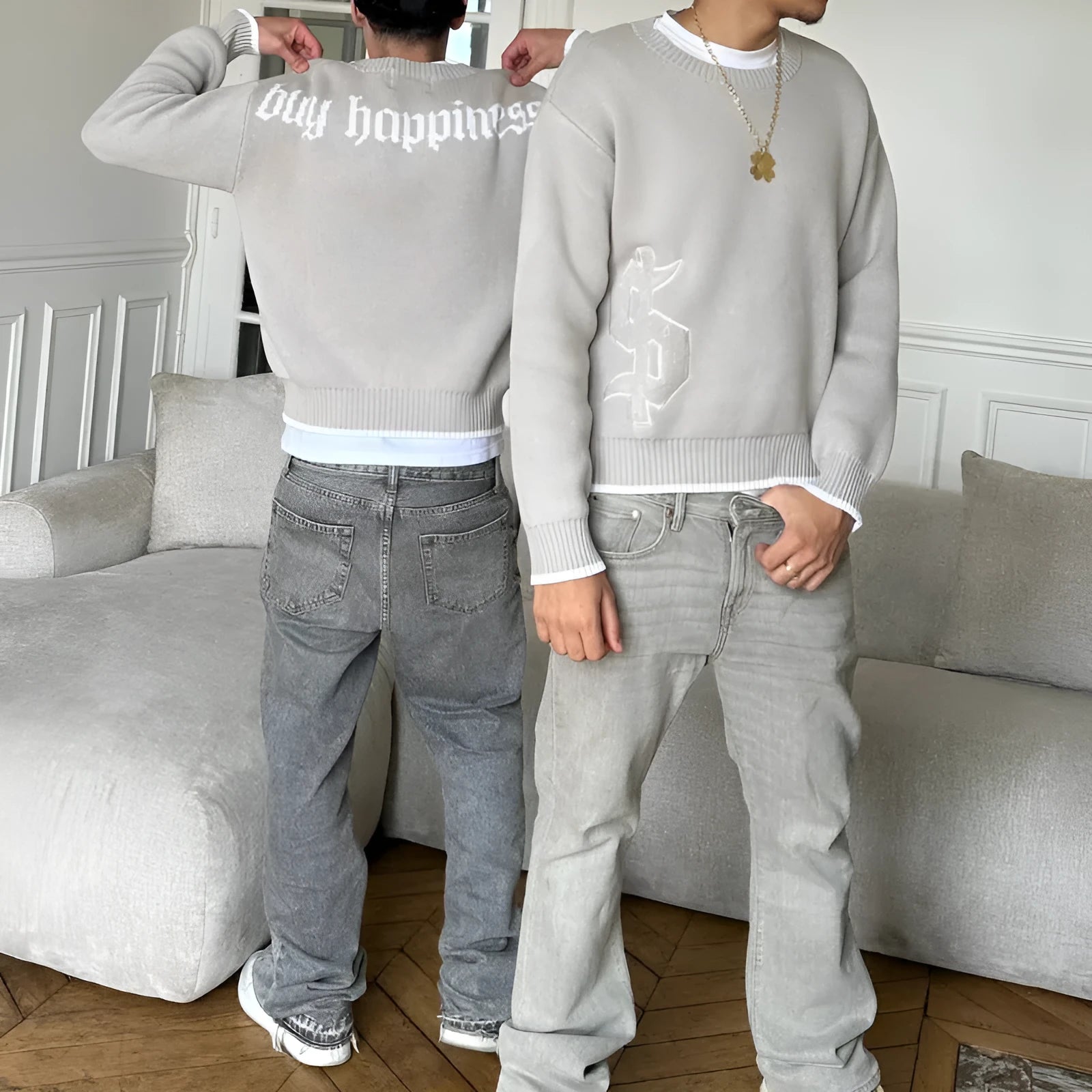 Grey jacquard patterned loose-fitting knitwear coat with long sleeves