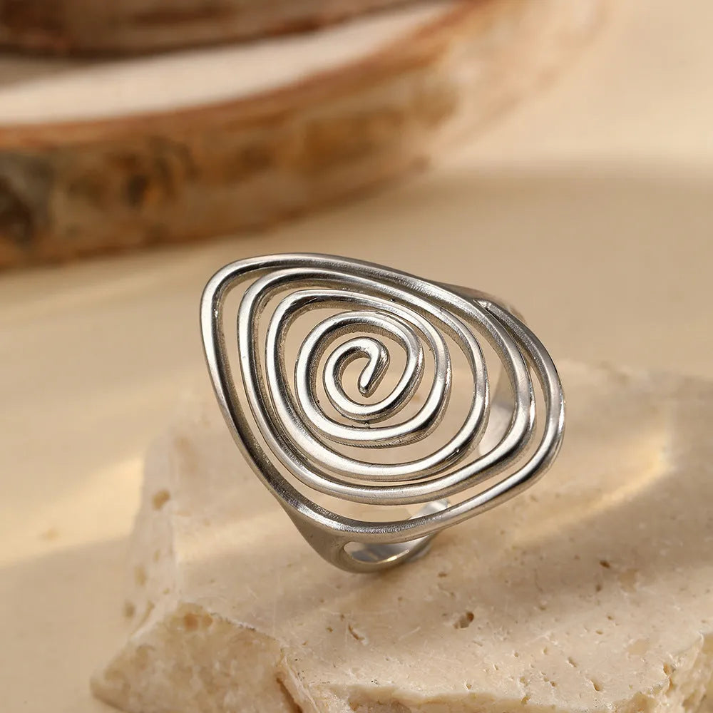 Geometric spiral laid open ring in stainless steel for men and women, retro high sense style, two colours
