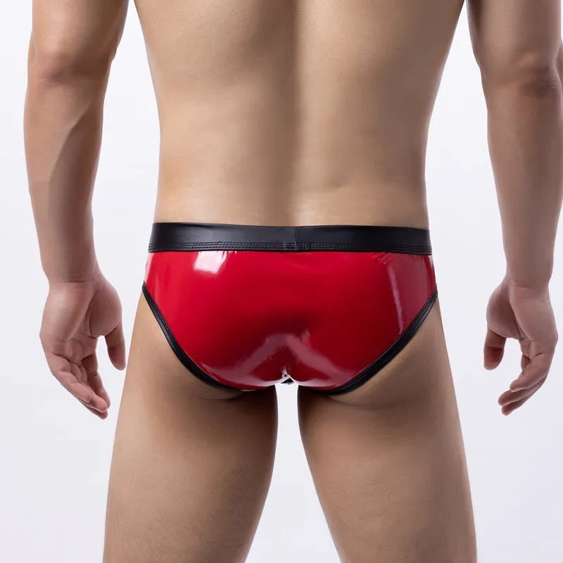 Men's patent leather look swim briefs in gold, silver and red colours with low waist design