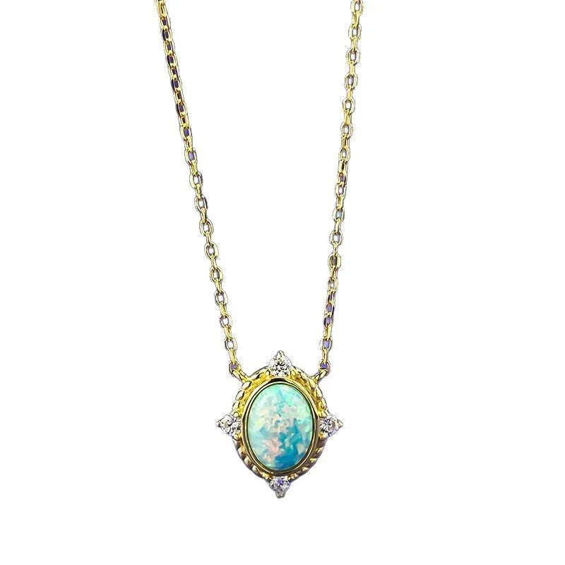 925 silver oval opal necklace pendant with electroplated finish on regular chain