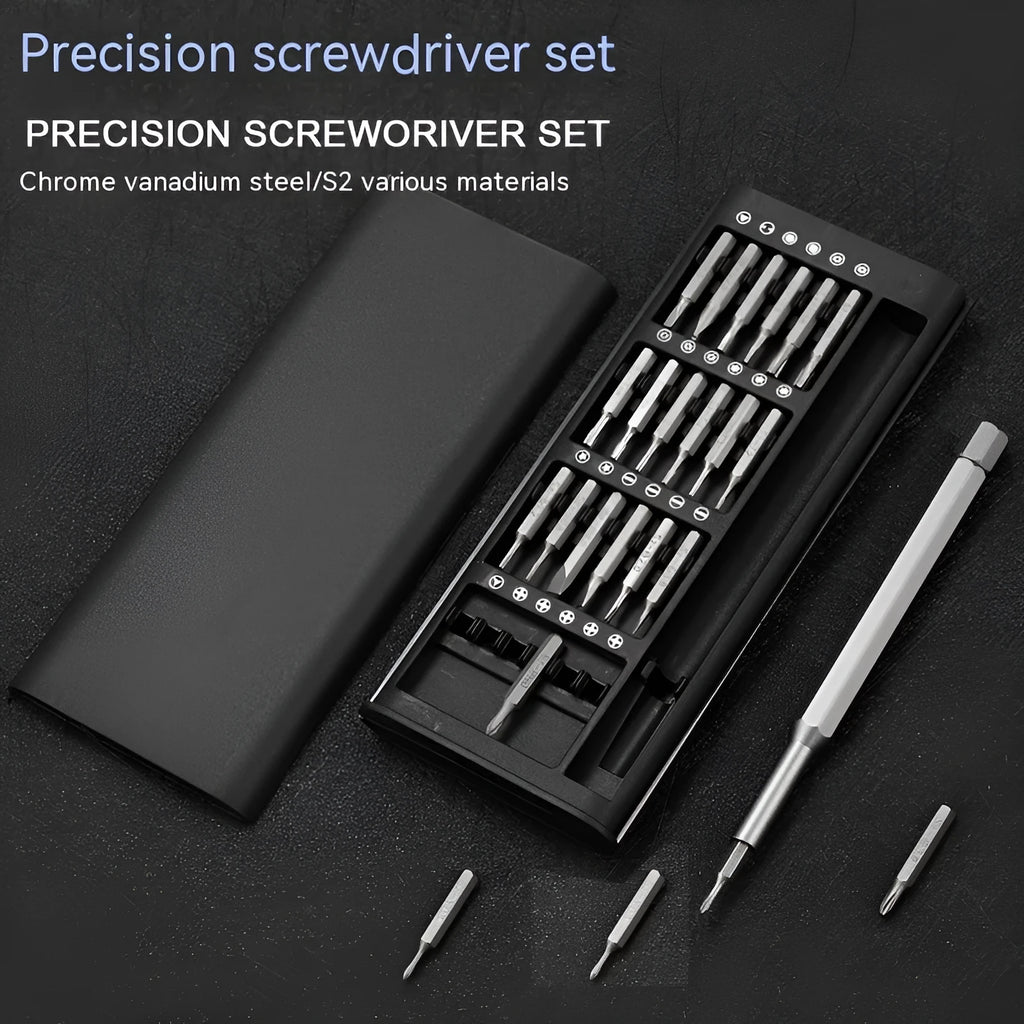 24-in-1 precision magnetic screwdriver set with bit holder, aluminium handle, and 125mm chrome vanadium steel shaft.