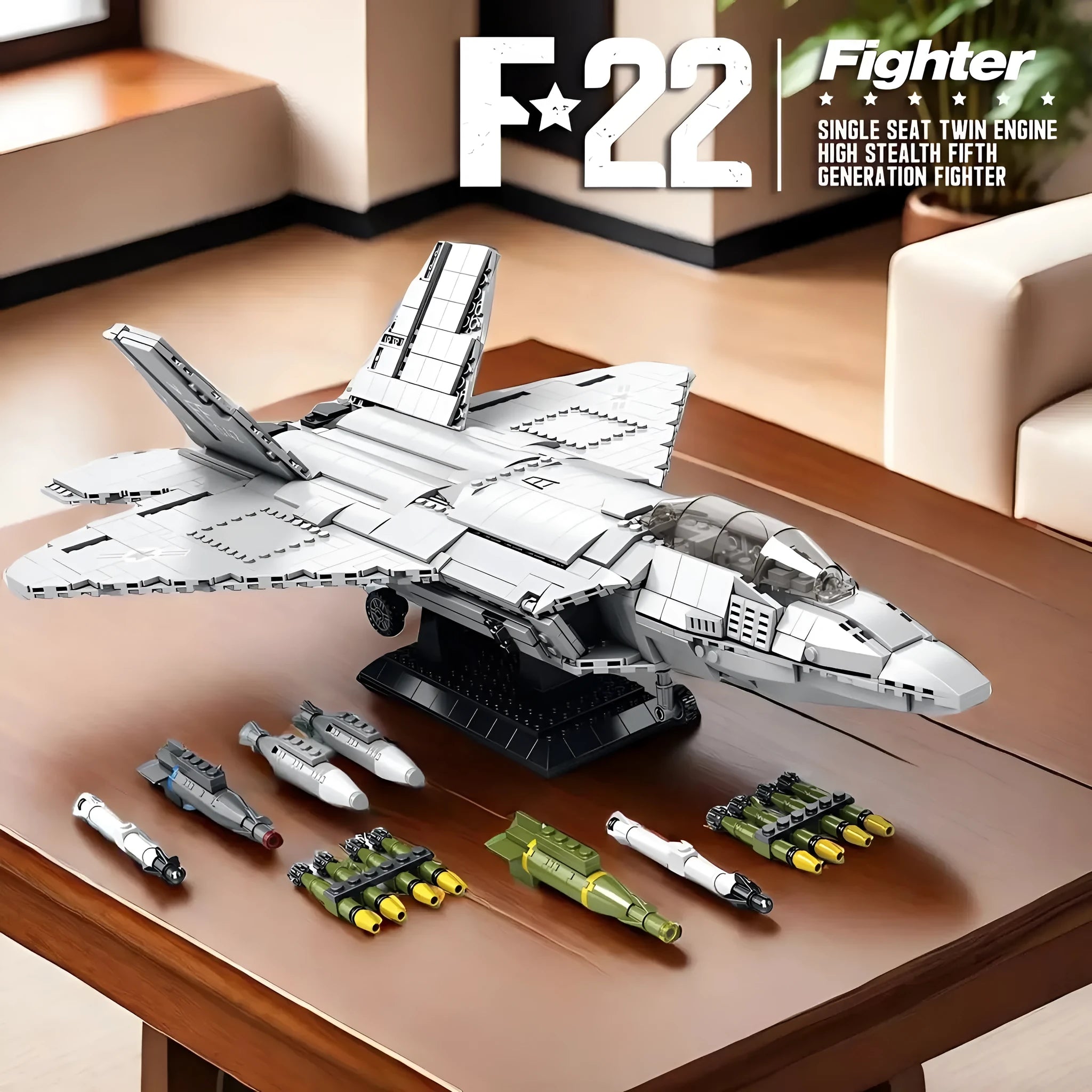 Aerospace military aircraft F-22 Raptor building blocks toy with 1837 pieces in colour box