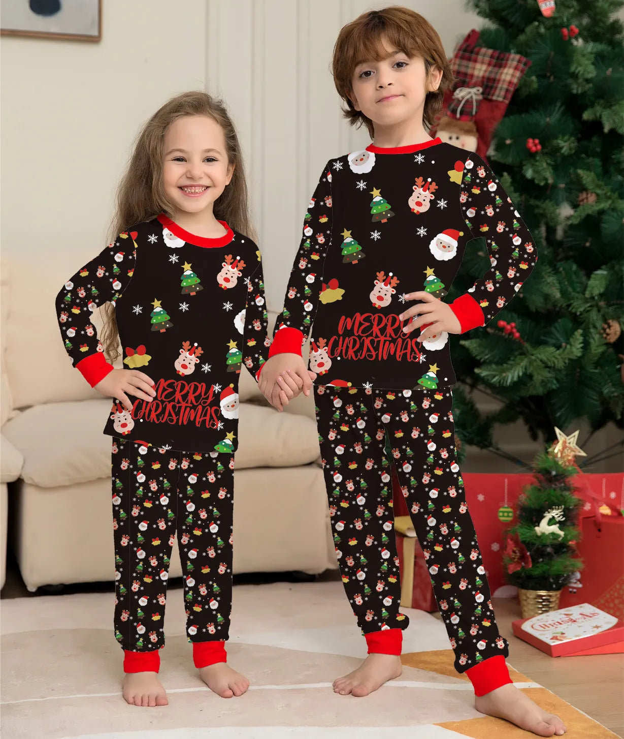 Family wearing matching red plaid Christmas pajamas, including parents, two children, a baby, and a dog.