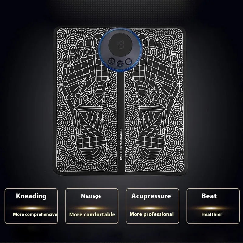 Leather foot massage cushion with LCD screen and wireless remote control on a sofa.