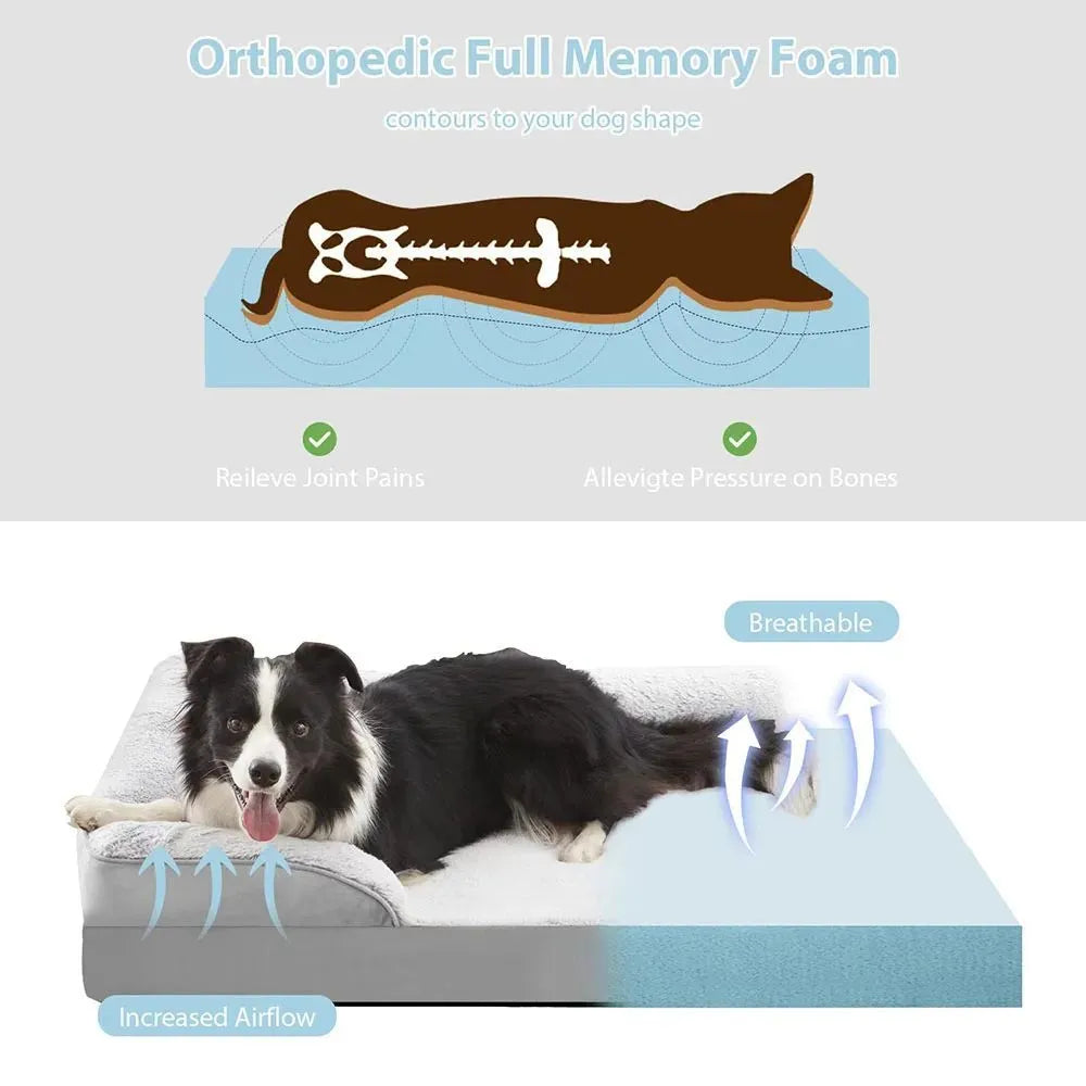 Grey waterproof dog bed with soft fleece lining and raised edges, size L 90x65x16cm