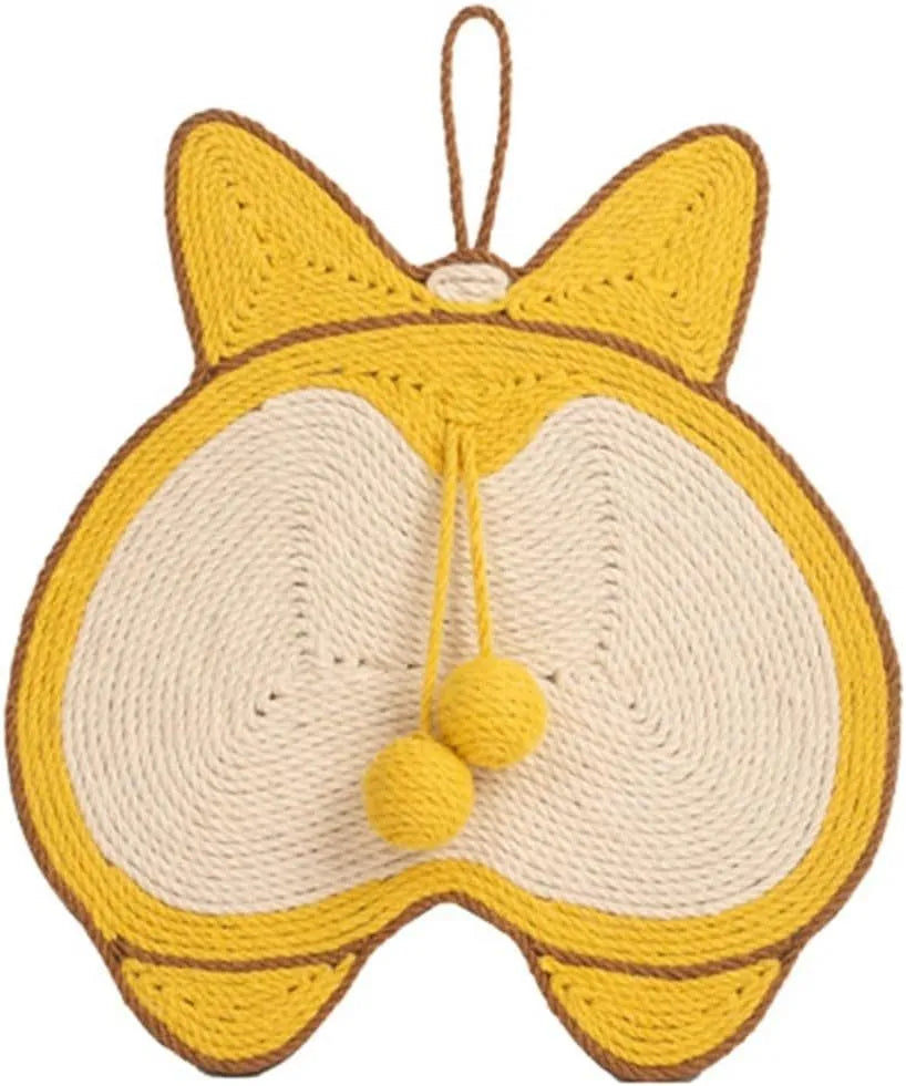 Yellow sisal cat scratch pad with corgi butt design on anti-slip base, 37cm by 40cm