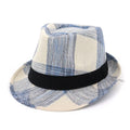 Blue and black polyester straw sun hat for men and women with a bell-shaped crown and wide brim.