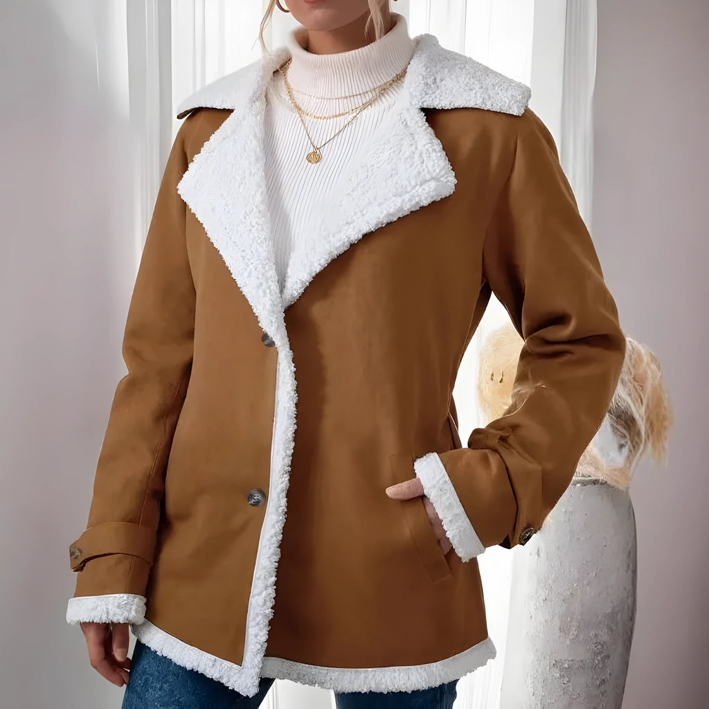 Women's light brown suede lapel mid-length jacket with pockets, loose fit, on hanger