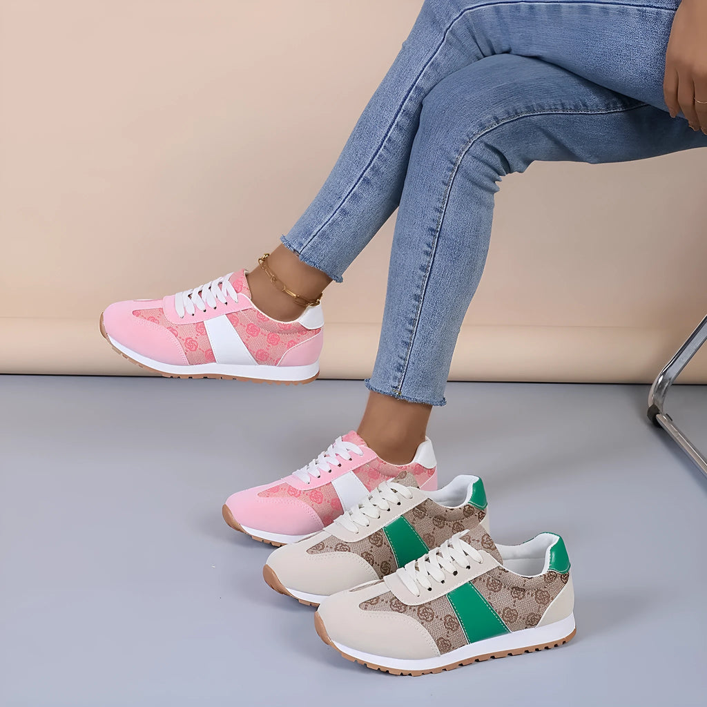 Oversized women's casual flower lace-up shoes in khaki with artificial PU upper and flat rubber sole