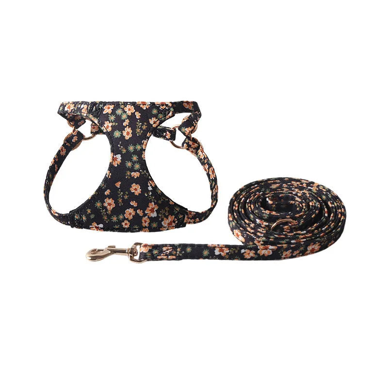 Floral pattern pet harness suit with matching leash in multiple colour options for cats and small dogs