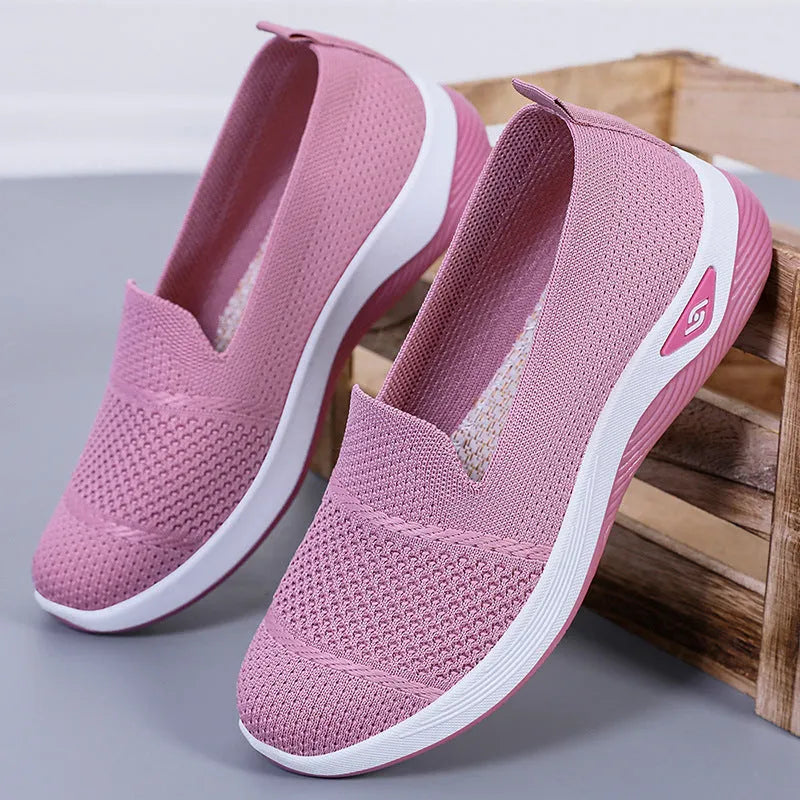 Ladies soft bottom Old Beijing cloth shoes with Flyknit upper, round toe, low heel, shallow mouth – beige colour option