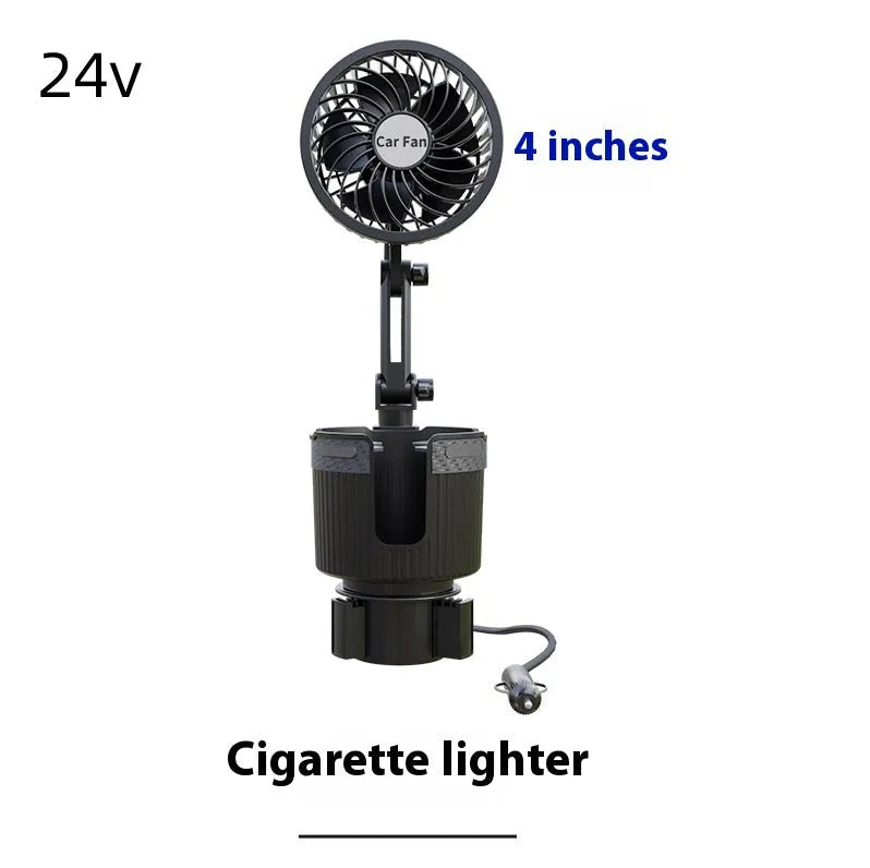 Car water cup holder fan in ABS plastic available in 4-inch and 6-inch sizes with multiple power connection options.