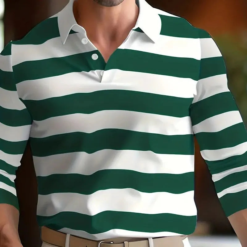 Men's loose fit long sleeve polo shirt button-up top in chemical fibre blend fabric