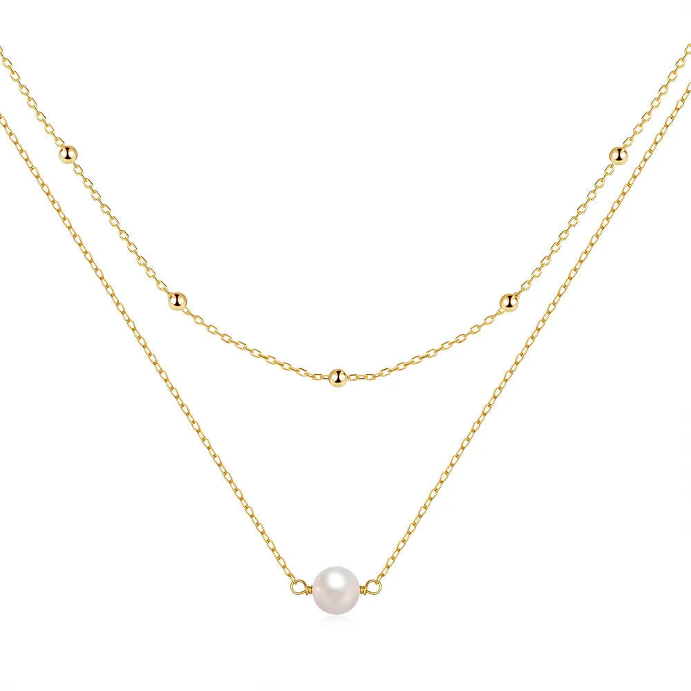 S925 sterling silver double layer necklace with twin pearl geometric pendant on a ball bead chain.