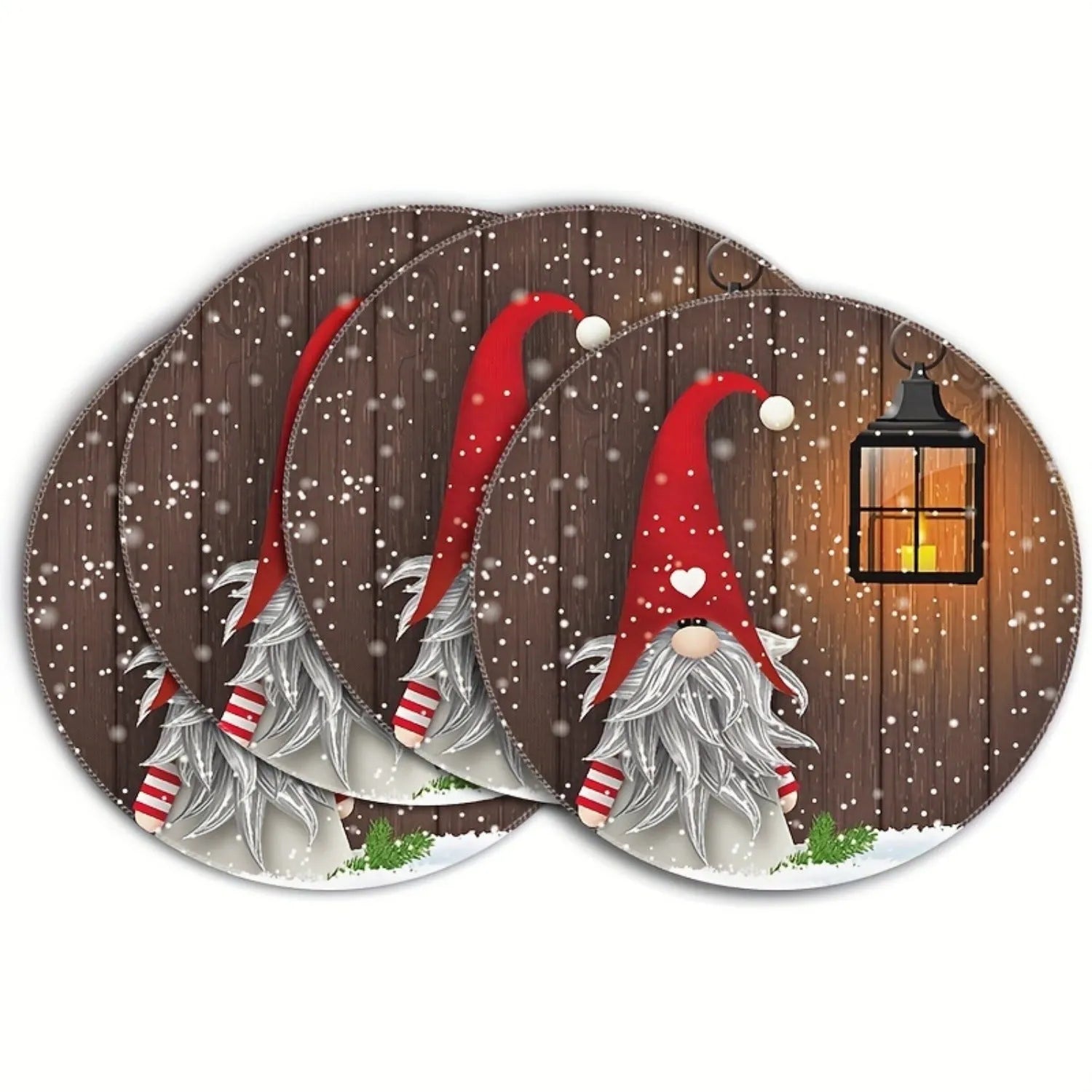 Round Christmas placemat with garland bow, holly, and snowflake pattern on linen fabric, 38cm diameter