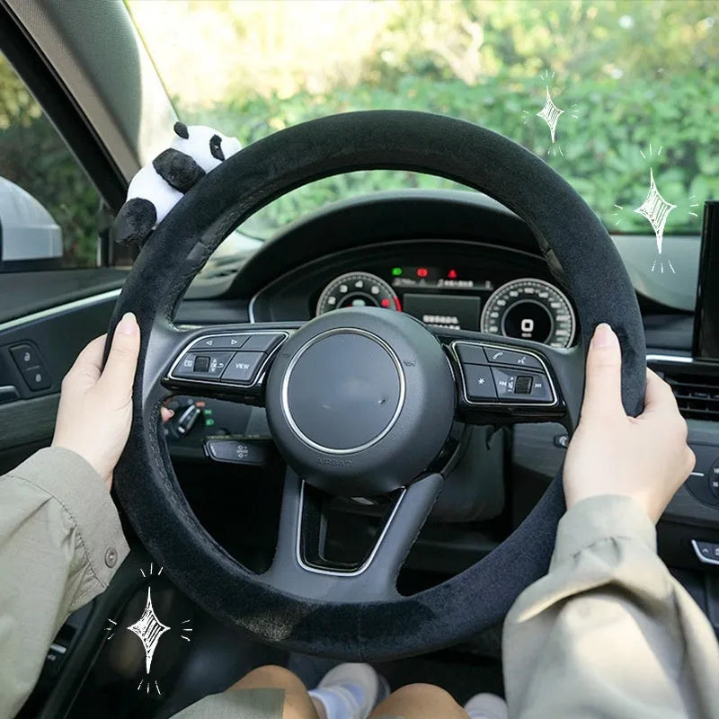 Black panda-themed steering wheel cover and matching shoulder pad for winter car use