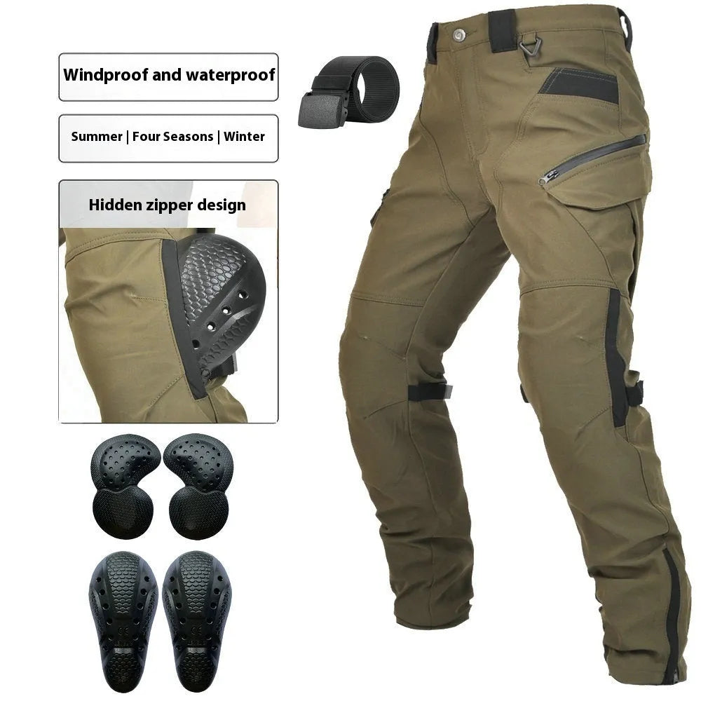 Motorcycle waterproof cycling pants with protective gear and belt in solid colour