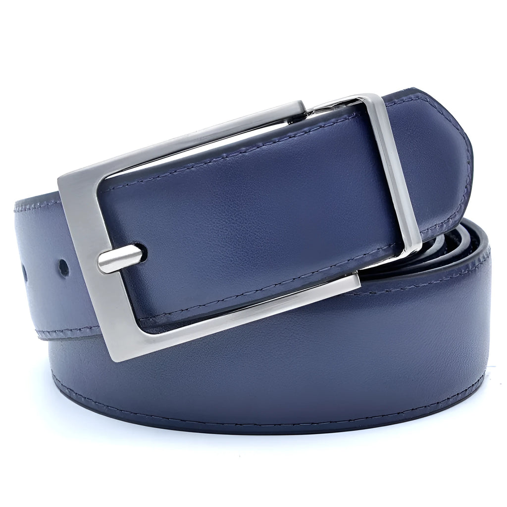 Men's dark brown and black genuine leather belt with a silver rotating pin buckle laid flat.