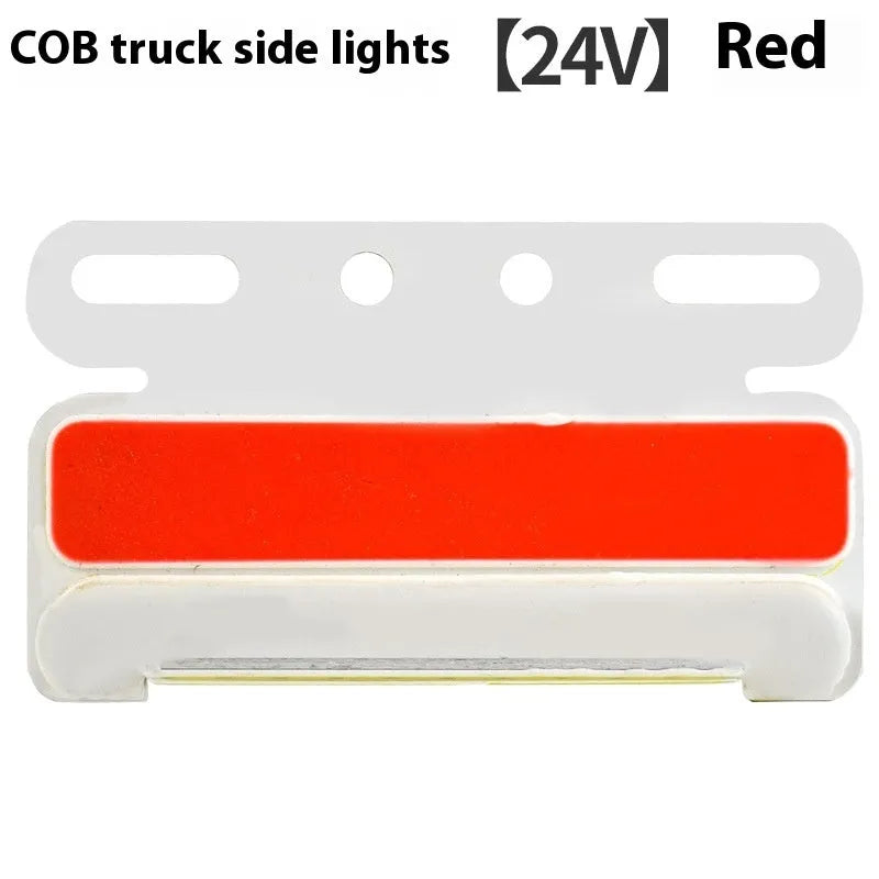 Waterproof aluminium alloy COB LED truck side light in red, mounted near vehicle tyre.