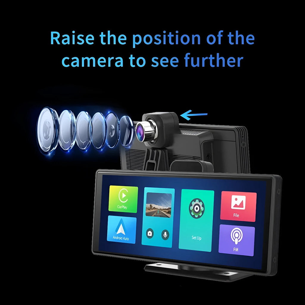 12-inch touch screen car DVR on dashboard showing split-screen view of front 4K and rear 1080P camera feeds.