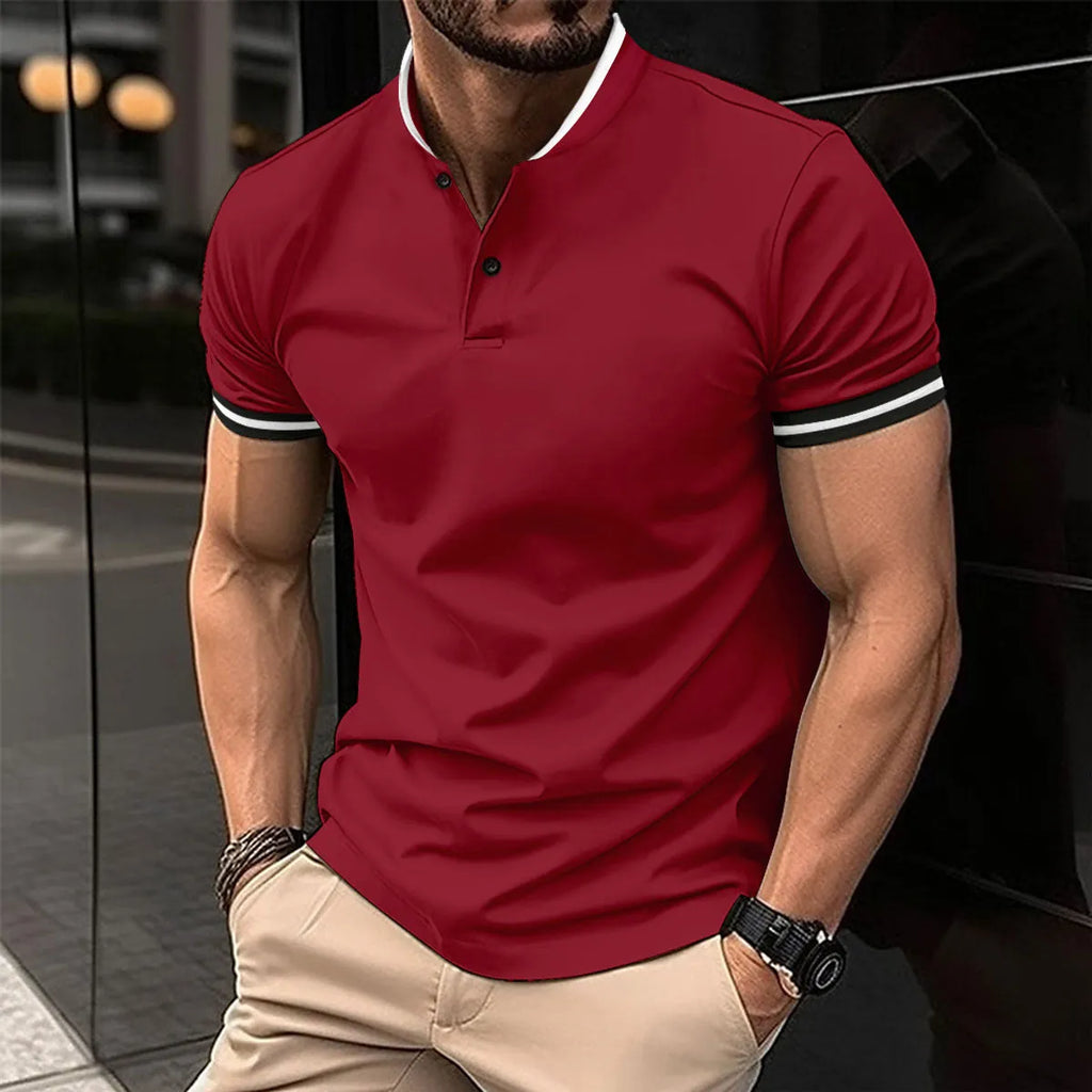 Men's slim-fit short-sleeved polyester t-shirt with button pocket in khaki, front view