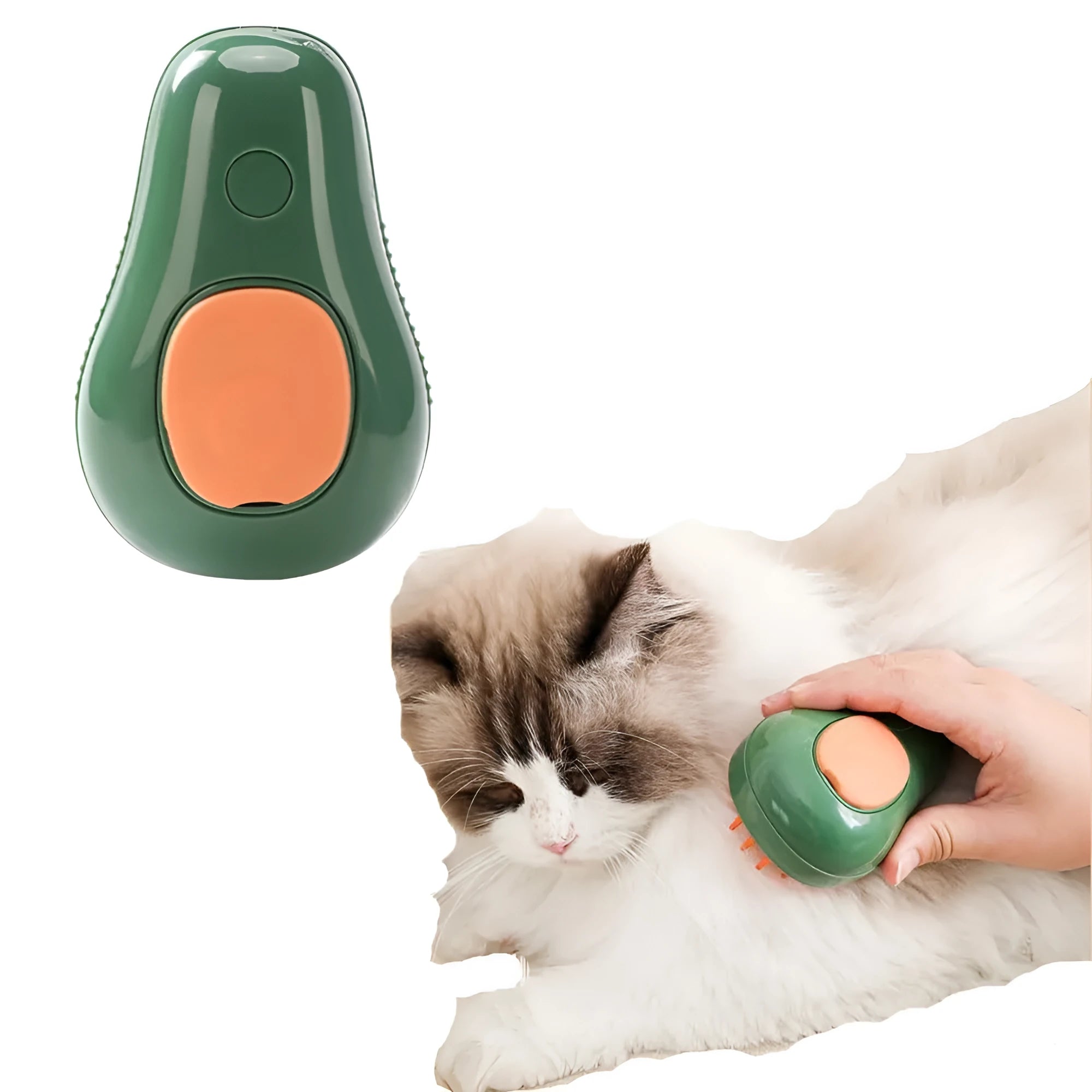 Green and white rechargeable cat steam brush with silicone teeth and water spray button.