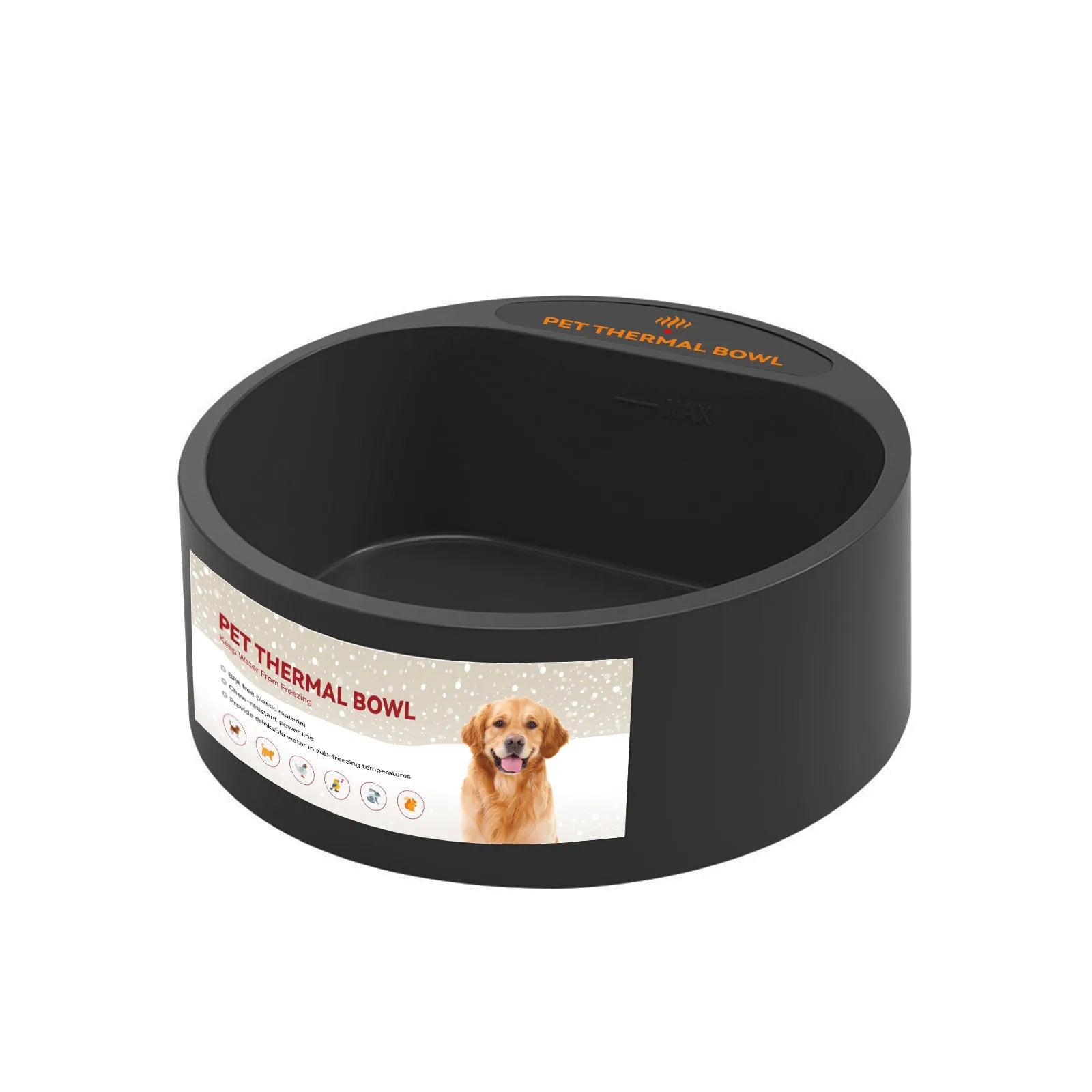 Black ABS plastic pet heating bowl for cats and dogs with constant temperature feature.