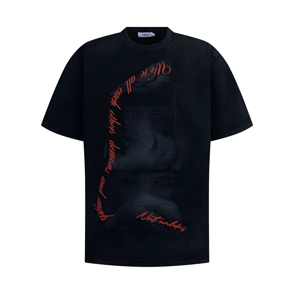 Washed vintage men's loose short sleeve t-shirt in black cotton blend, front view