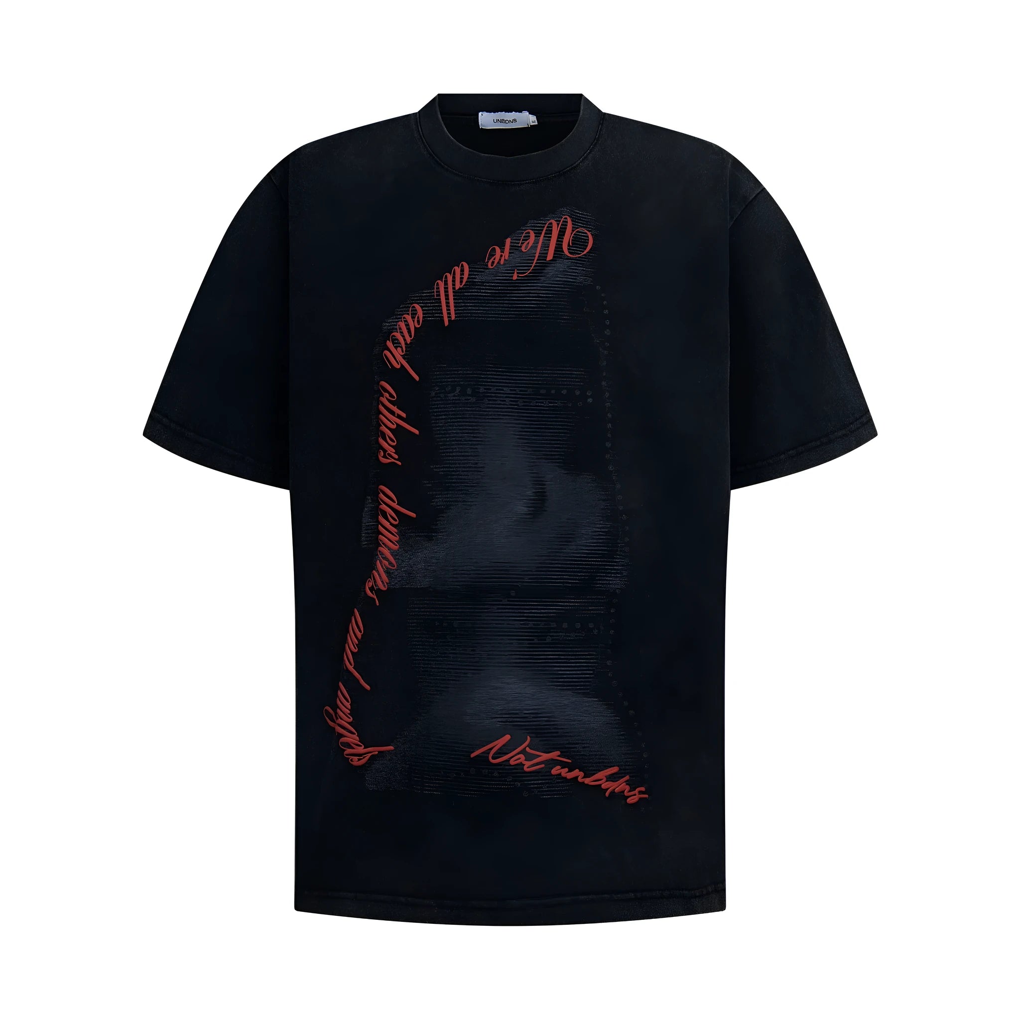 Washed vintage men's loose short sleeve t-shirt in black cotton blend, front view