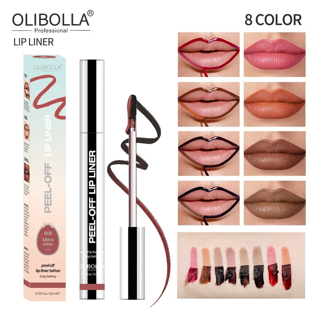 Slippery lip liner pencil in waterproof, smudge-proof formula with eight colour options A to H.