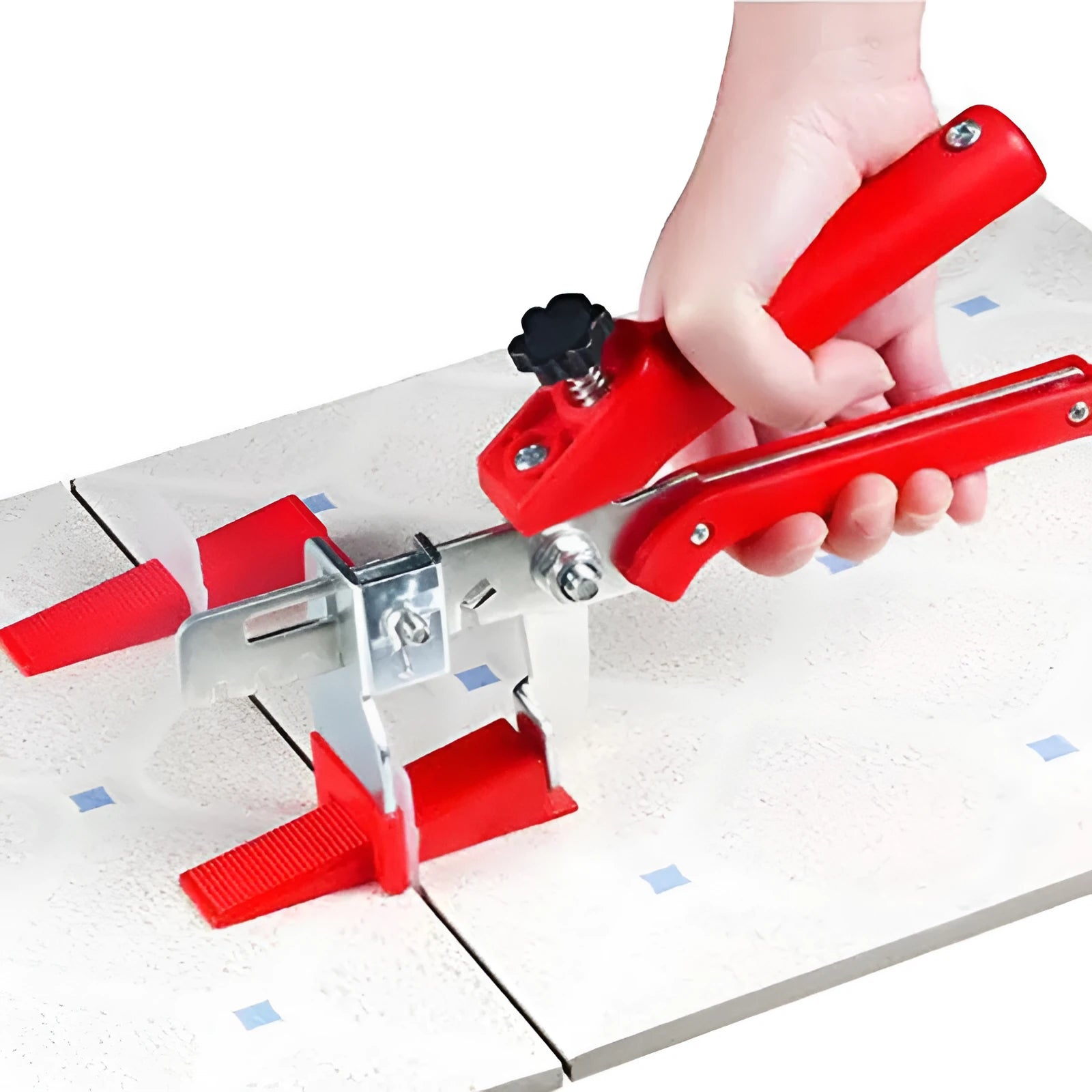 Red PVC and stainless steel tile leveling clip measuring 23 by 11.5 cm for floor tile installation