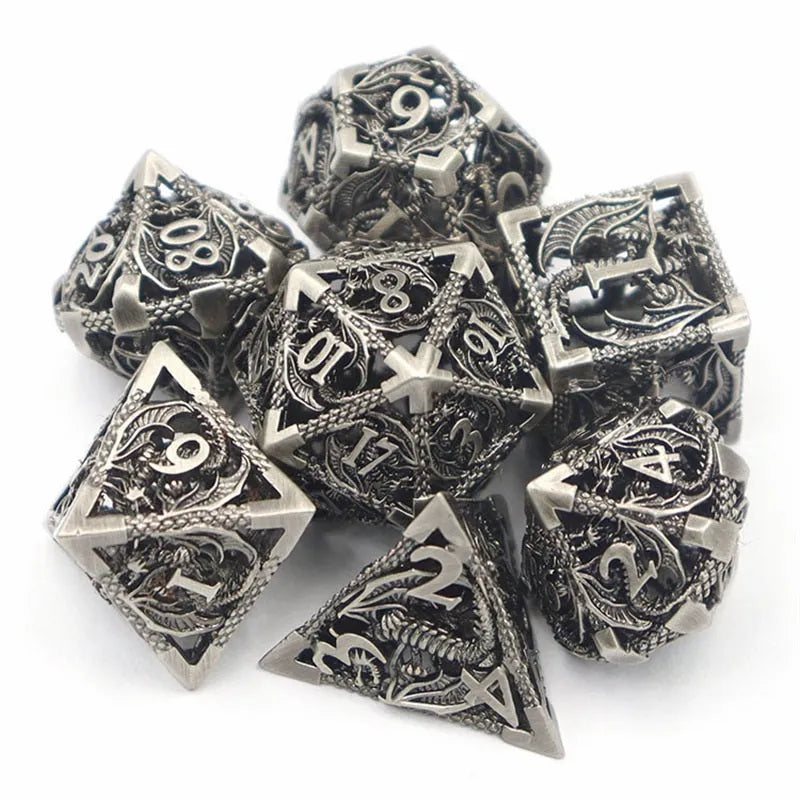 Hollow copper electroplated dice set in ancient bronze, seven polyhedral dice with right-angle edges