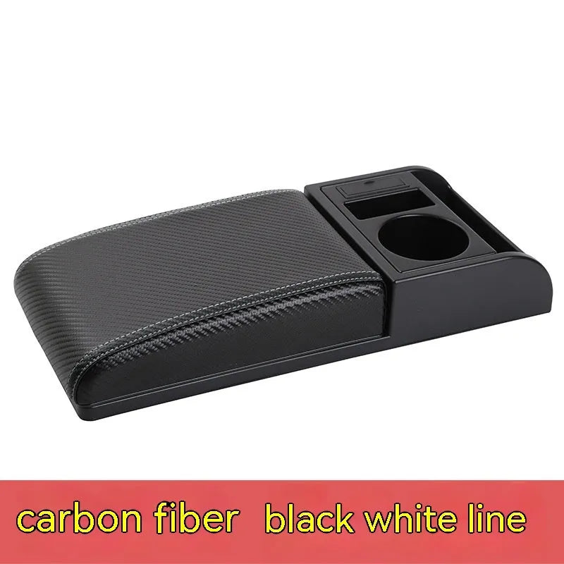 Universal car armrest cover with height adjustment in black PU leather with red stitching
