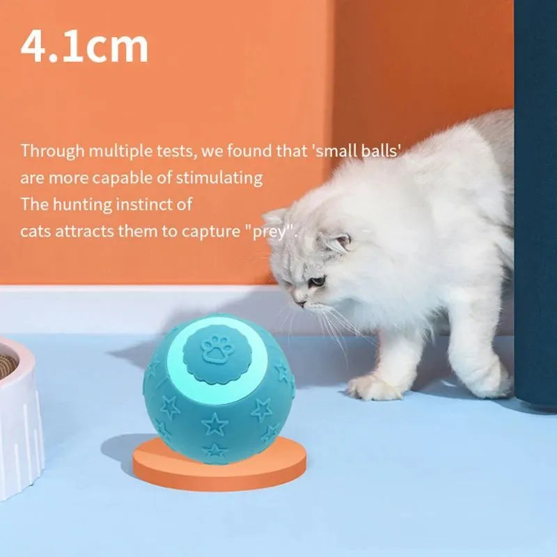 Smart ball cat toy in blue with two rolling modes, rechargeable, made from ABS and silicone
