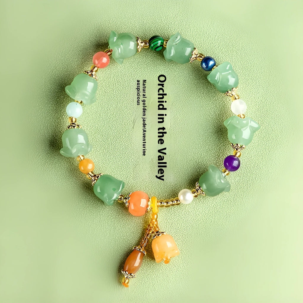 Carved jade bracelet with orchid beads for women's 14-18cm wrists in aventurine orchid colour