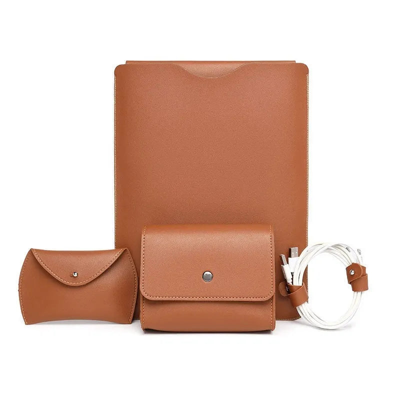 Four-piece brown imitation leather edge protection strips for a MacBook laptop.