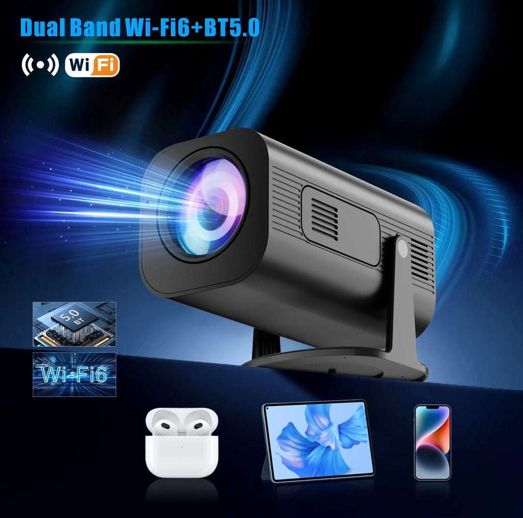 Black and white P330 portable mini projector with remote control on a table.