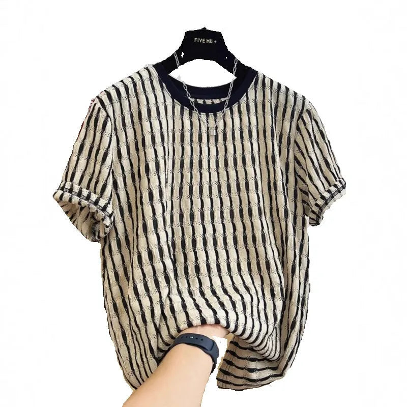 Black striped men's loose linen silk blend short sleeve pullover shirt casual summer wear