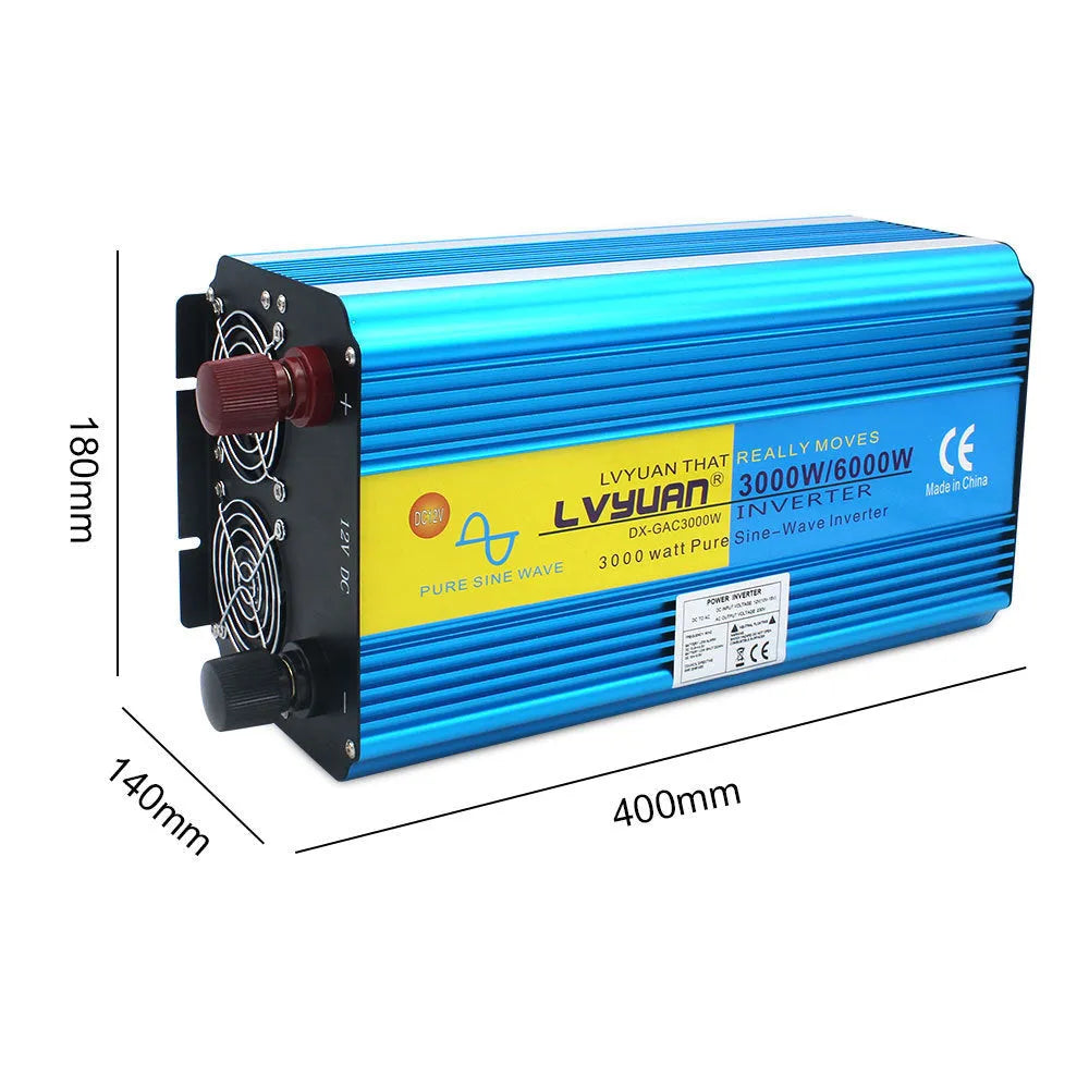 Blue 3000W 12V to 220V pure sine wave car power inverter with digital display and UK plug socket.