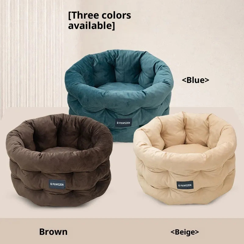 Winter warm flannel pet bed in emerald blue, medium size 48x26cm, on a wooden floor
