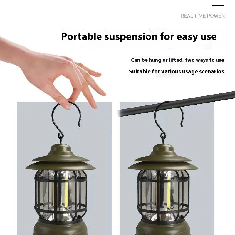Portable head lamp camping lantern in dark green, black or red colours measuring 16.6 cm tall
