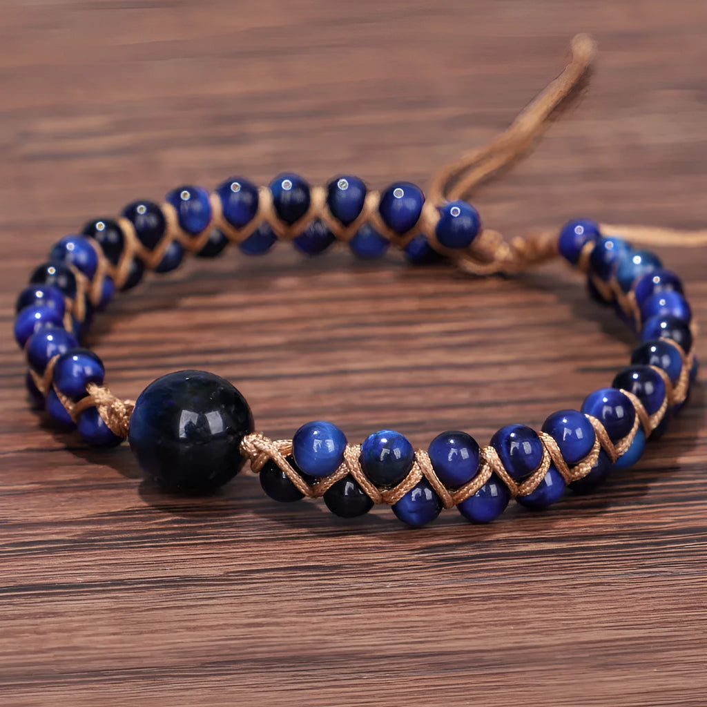 Handmade woven geometric pull bracelet in blue Tigereye or purple Amethyst stone beads on wrist