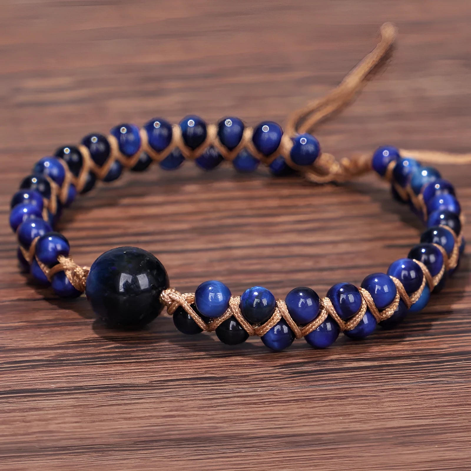 Handmade woven geometric pull bracelet in blue Tigereye or purple Amethyst stone beads on wrist